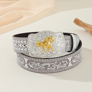 1Pc Western Cowboy Stijl Riem Voor Mannen En Vrouwen Beschikbaar, Zilveren Basis Gesp Legering - Product Image 1
