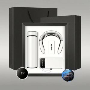 Ensemble cadeau d'affaires de luxe personnalisé : 3 en 1 - Thermos isotherme en acier inoxydable 450 ml, masseur de cou, batterie externe 10000 mAh et support de téléphone - Product Image 1