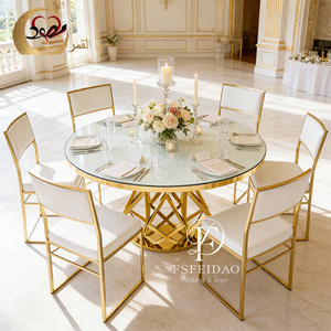 Mesa de Comedor Redonda Moderna con Tapa de Cristal y Base de Metal Dorado para Alquiler en Bodas y Hoteles - Product Image 3