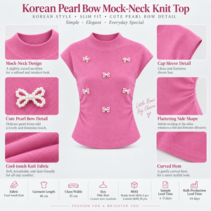 Maglione Corto Estivo da Donna con Fiocco di Perle Coreano, Maniche Corte, Arricciatura Laterale, Orlo Curvo, Vestibilità Slim, Lavorato a <span class=keywords><strong>Maglia</strong></span> - OEM/ODM All'ingrosso - Product Image 4