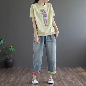 Women's Loose Round Neck Short Sleeve T-Shirt Gray Girl Colorful Embroidery Summer Fashion Casual Wear - Product Image 4