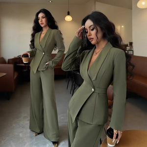 Completo Casual da <span class=keywords><strong>Donna</strong></span> Primaverile e Autunnale in Stile Europeo e Americano, Blazer Lungo con Scollo a V e <span class=keywords><strong>Pantaloni</strong></span> a Gamba Larga in Tinta Unita - Product Image 5