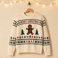 Pull tricoté personnalisé pour homme, motif intarsia Bonhomme en pain d'épices, sapins et lettres de Noël, OEM ODM