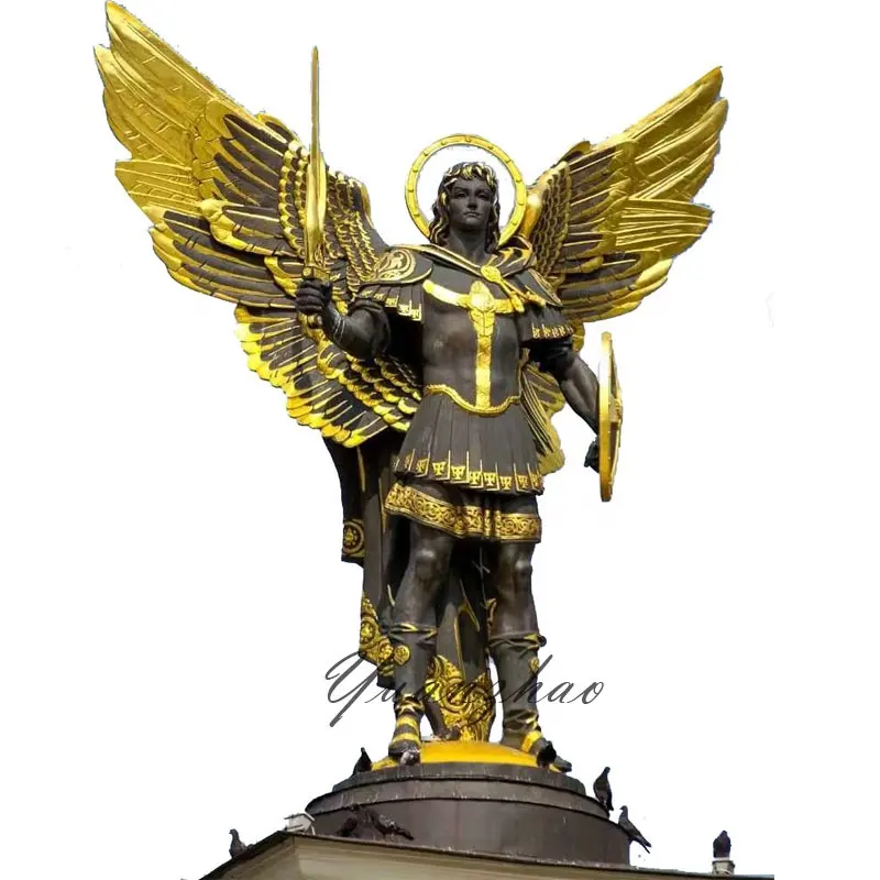 Religious Bronze Winged St.Michael Holding Sword and Shield Sculpture Bronze Saint Michael the Archangel Statue