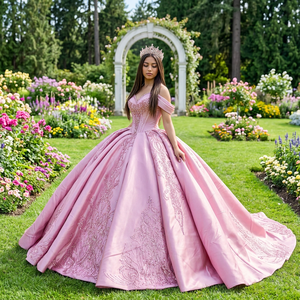 Vestido de Quinceañera Rosa Dy1542 con Cuentas, Vestidos de 15 Años con Lentejuelas, Vestidos de Gala para Instagram, Apliques de Encaje, Vestido de Princesa Jancember - Product Image 1