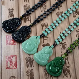 Hottest Beaded Chain Obsidian Guanyin Necklace Religious Prosperous Wealth Lucky Jade China Laughing Buddha Necklace For Gift