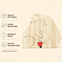 Ornement en bois personnalisé en forme d'ours familial en pin, avec cœur rouge gravé, décoration de table, cadeau
