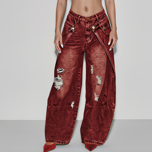 Nuovi <span class=keywords><strong>Jeans</strong></span> da Donna Vintage a Vita Alta con Doppio Bottone e Strappi, Gamba Larga, Stile Street, Ultra Comodi e Morbidi - Product Image 5