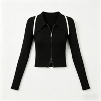 Cardigan en maille zippé coupe ajustée pour femme, ODM OEM, style minimaliste Old Money, pull côtelé à revers, manches longues, poignets évasés, haut 2026