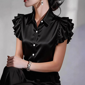 Nouvelle <span class=keywords><strong>Blouse</strong></span> d'été à revers en satin à volants et manches courtes pour <span class=keywords><strong>femme</strong></span> - Product Image 3