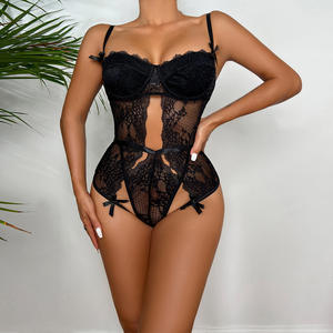 Body une pièce sexy de luxe couleur unie ajouré, transparent, avec nœud, style lingerie, meilleure vente - Product Image 1