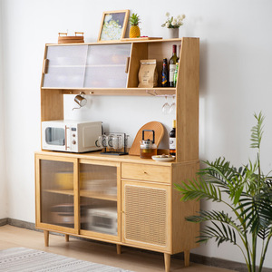 Nordic Style Tall <b>Sideboard</b> Cabinet With Glass Doors And Rattan Panel For Kitchen <b>Storage</b> 900mm Above - Product Image 2