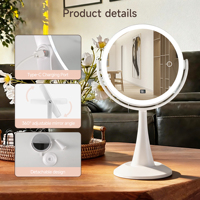 Miroir de maquillage LED rond avec affichage de la luminosité, 3 températures de couleur, intensité réglable, détachable, commande tactile, rechargeable par USB
