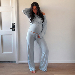 Women's Off Shoulder Long Sleeve Lounge Set Soft Stretch Two Piece Outfit Casual Drawstring Wide Leg Pants Matching Set - Product Image 3