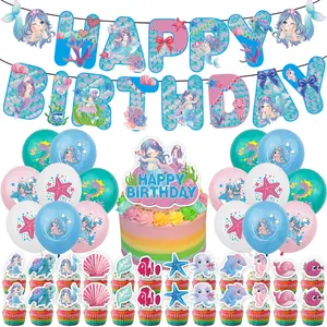 Suministros de fiesta de cumpleaños de princesa, cartel de feliz cumpleaños, Baby Shower, decoración de fiesta de cumpleaños para niñas, suministros de fiesta de sirena