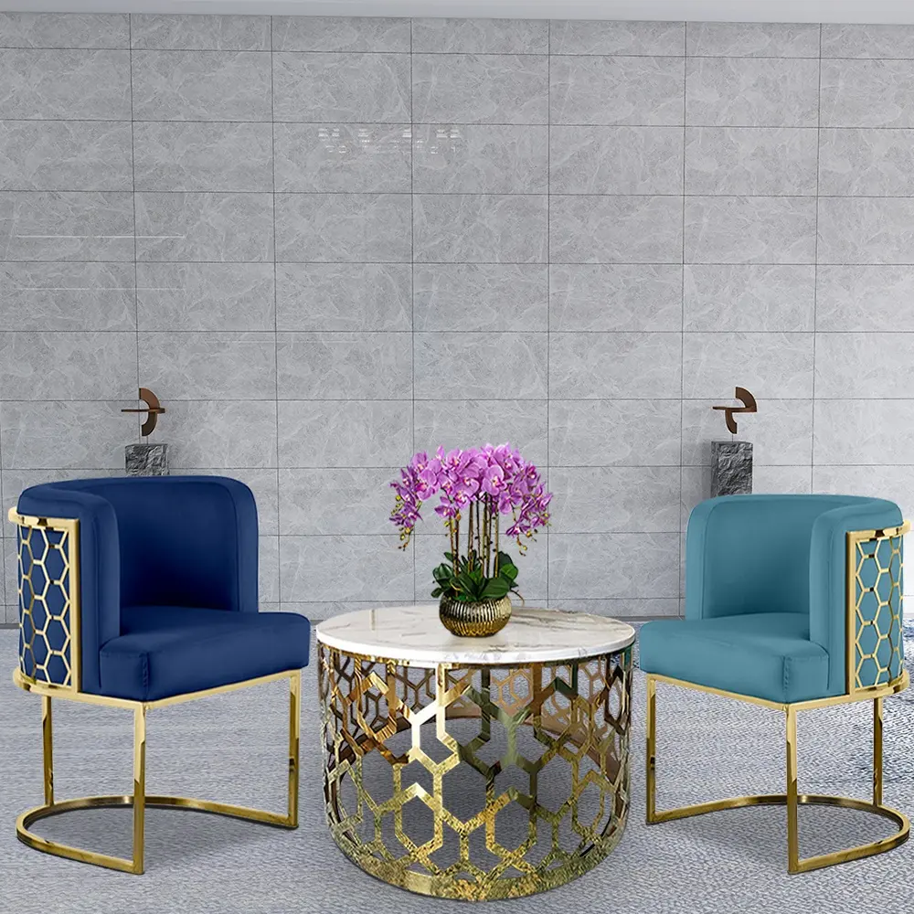 Única silla de comedor con láser de corte de tapizado de terciopelo azul marino Silla de comedor para restaurante