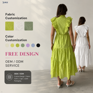 Abito Midi da <span class=keywords><strong>Donna</strong></span> Personalizzato Casual in Tessuto Verde Lime Tinta Unita Senza Maniche con Collo Alto, Spalle con Volant, Ricamo a Occhiello e Balze a Trapezio - Product Image 1