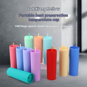 Modern Portable 16 Oz Eco-Friendly Skinny Matte Double Wall Straw Cups With Lids Tumbler Coffee <b>Mug</b> <b>Plastic</b> Bottle - Product Image 4