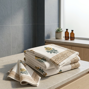 MALONI CREATIONS Juego de Toallas de Algodón Waffle para Adultos, 1 Toalla de Baño y 2 Toallas de Mano, Impresas a Mano, de Secado Rápido, Suaves y Ecológicas, Exportación India al por Mayor - Product Image 2