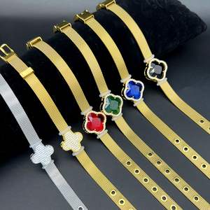 Nueva Pulsera de Acero Inoxidable con Trébol de Cuatro Hojas Colorido, Chapada en Oro, Joyería de Moda al por Mayor - Product Image 1