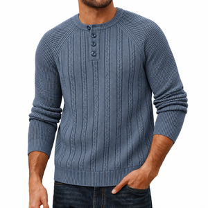 Suéter Henley para Hombre TESSUTO Azul Pizarra con Cuello de Punto Acanalado Vertical, Mangas Raglán y Botones - Product Image 1