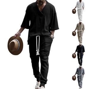 <span class=keywords><strong>Costume</strong></span> pour <span class=keywords><strong>homme</strong></span>, nouveau printemps, style européen et américain, décontracté, ample, manches sept-huitièmes, tricot jacquard, fermeture éclair, perles, haut et <span class=keywords><strong>pantalon</strong></span> long - Product Image 1