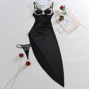 Nueva moda Metal decoración plisado empalme exótico mujer Sexy fino tirantes ropa alta hendidura cadera abrazando modelado Lencería - Product Image 6