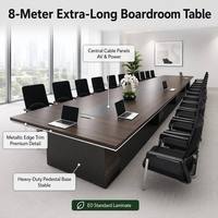 Table de conférence longue avec piétement en colonne, passe-câbles intégré, plateau effet bois, finition argentée, modulaire, moderne, pour bureau et école