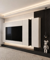 Unit TV Dinding Minimalis Modern dengan Rak Terbuka di Samping, Kabinet Media Ruang Tamu untuk Dekorasi Rumah Keluarga