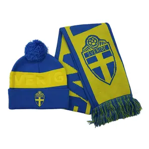 Logo personalizzato Sverige Sweden Jacquard lavorato a maglia sportivo Hockey su ghiaccio squadra di calcio squadra di calcio con nappe sciarpa e berretto Set cappello