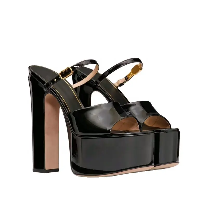 Women Super High Heels Slingback Pumps Ladies Elegant Patent Leather Thick Platform Sandals Solid Color Hollow Metal Buckle Shoe