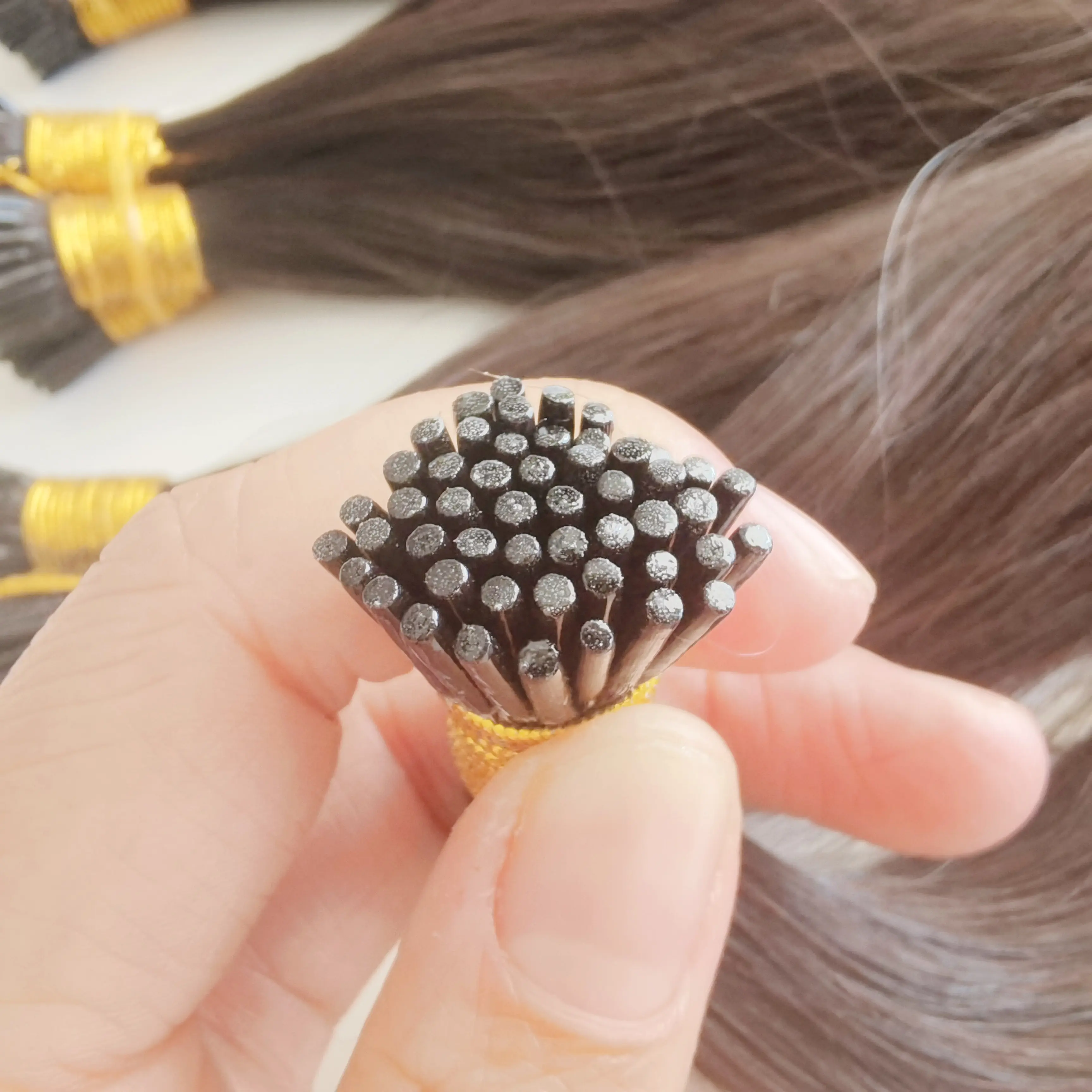 Grosir pemanjangan rambut ujung I yang tidak diproses kualitas terbaik Keratin manusia bekas i-tip ekstensi rambut Rusia