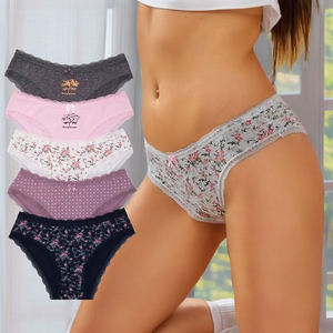 Slip in pizzo a vita bassa da <span class=keywords><strong>donna</strong></span> stampati 5 pezzi Bikini Sexy con cintura in pizzo a contrasto in cotone Sous-Vetements Sexy Pour Femmes - Product Image 1