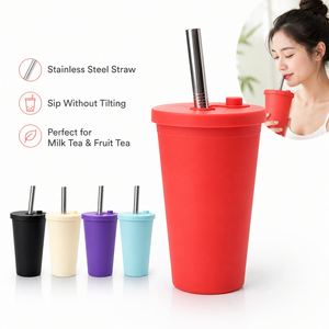 480ml Double Wall <b>Plastic</b> <b>Straw</b> <b>Cup</b> AS 200g 8 Colors Wide <b>Straw</b> Pearl Tea Modern Minimalist OEM - Product Image 1