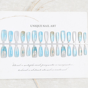 <span class=keywords><strong>Ongles</strong></span> à presser pleine couverture pour l'été, style français, forme amande, <span class=keywords><strong>bleu</strong></span> <span class=keywords><strong>ciel</strong></span> et détails dorés nautiques, sans besoin de salon - Product Image 4