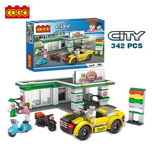 COGO Stasiun Bensin ABS Anak-anak, 342 Buah Blok Perakitan Plastik Mainan Mobil dan Sepeda Motor Bata Bangunan untuk Anak-anak