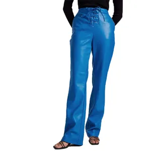 Fabrik Großhandel Mode Kordel zug Taille Kunstleder Hose benutzer definierte Logo PU Leder gerade blaue Hose für Frauen