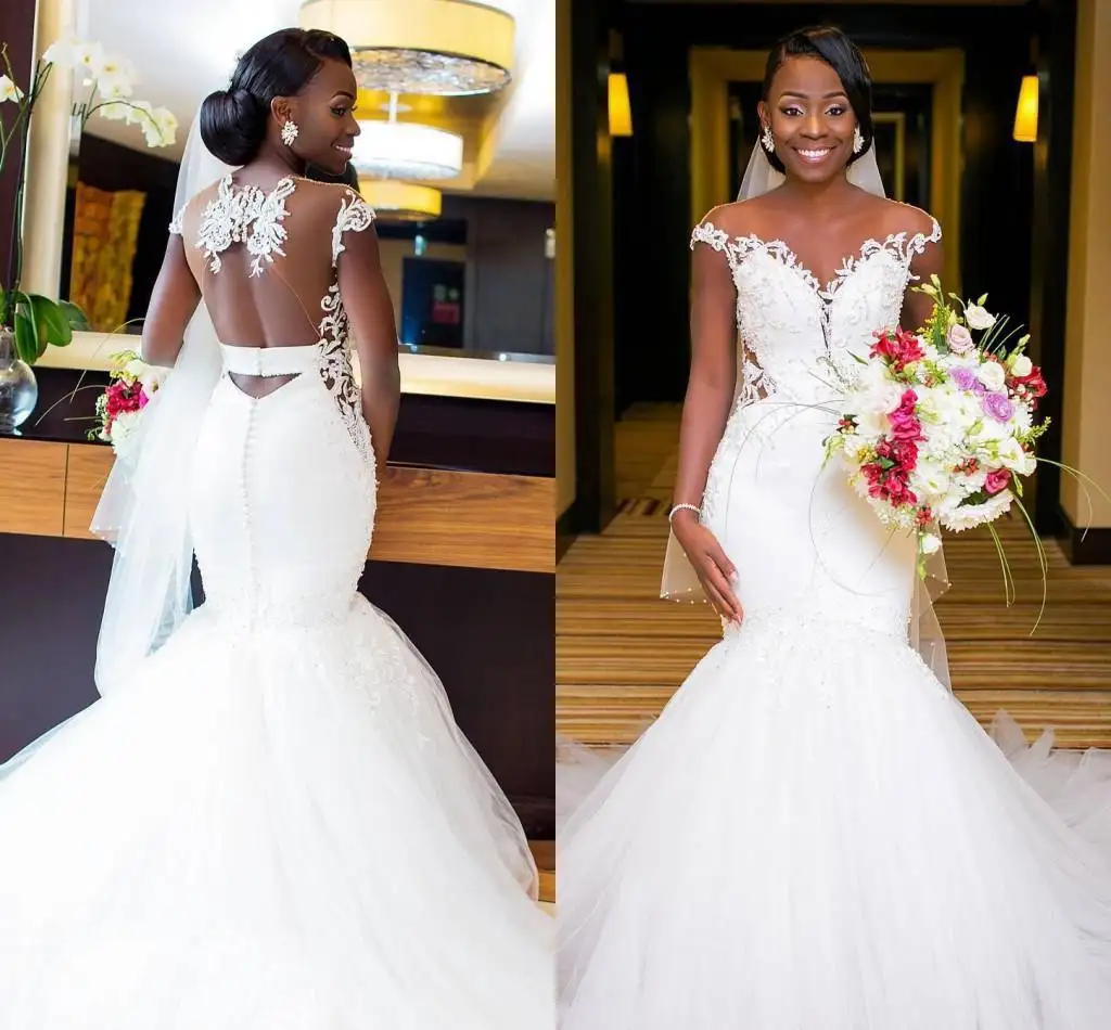 Elegant African Mermaid Wedding Dresses 2022 Full Lace Applique Bridal Gowns With Detachable Train