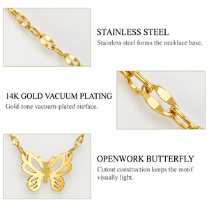 Collier papillon en or, acier inoxydable, plaqué or 14 carats, pendentif ajouré, chaîne 39+5cm - Product Image 4