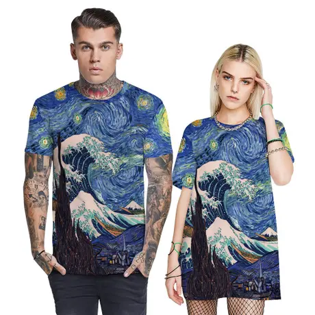 3D Ocean Wave เสื้อคอกลมแขนสั้นสำหรับผู้หญิง,เสื้อพิมพ์ลายแมวดิจิตอลคู่รัก