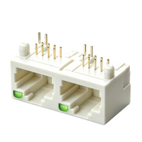 Konektor Jaringan Ethernet PCB Mount Berlapis Emas 8P8C Dengan LED Vertikal DIP, Jack RJ45 Dual Port 1*2 Full Plastik