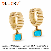 LUCKYJIU Fabricante de Joyería Personalizada, Pendientes de Aro Huggies con Turquesa, Chapados en Oro de 18k, de Acero Inoxidable Resistente al Agua para Mujer