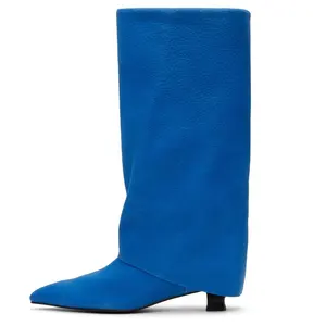 ENMAYER Trendy mavi deri ayakkabı sivri burun uyluk yüksek çizmeler düşük topuk köpekbalığı çizmeler artı boyutu kadınlar