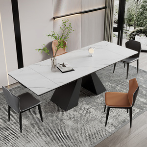 Table à manger moderne de style italien en acier au carbone avec plateau en pierre, pieds noirs fixes, mobilier pour la maison, restaurant, appartement - Product Image 4