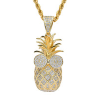 Collier pour homme style Hip-Hop européen et américain, pendentif ananas 3D micro-incrusté de zircon, plaqué or sur cuivre, chaîne en bambou