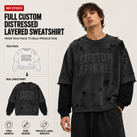 Sudadera para hombre de algodón grueso con capa de felpa, lavado ácido, desgastada y rasgada, color negro, suministro al por mayor