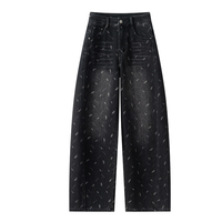 Jeans de Mujer con Lavado Ácido, Pierna Ancha, Estampado, Botones, Cremallera, Bolsillos, Corte Relajado, Estilo Vintage Clásico, Fabricación por Contrato
