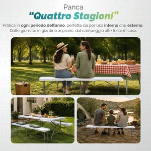 Banc pliant en plastique 180x29x43 cm, blanc, en résine, pour l'extérieur, camping - Product Image 5