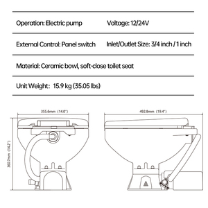 Inodoro Marino Eléctrico Horizontal Seaflo 12V 24V con Taza de Cerámica y <span class=keywords><strong>Asiento</strong></span> de Cierre Suave, Ahorro de Agua - Product Image 6