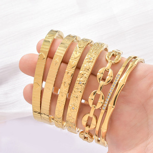 glossy waterproof <b>engraved</b> heart star floral crystal chain bamboo 18k gold plated stainless steel stackable designer <b>bangle</b> set - Product Image 2
